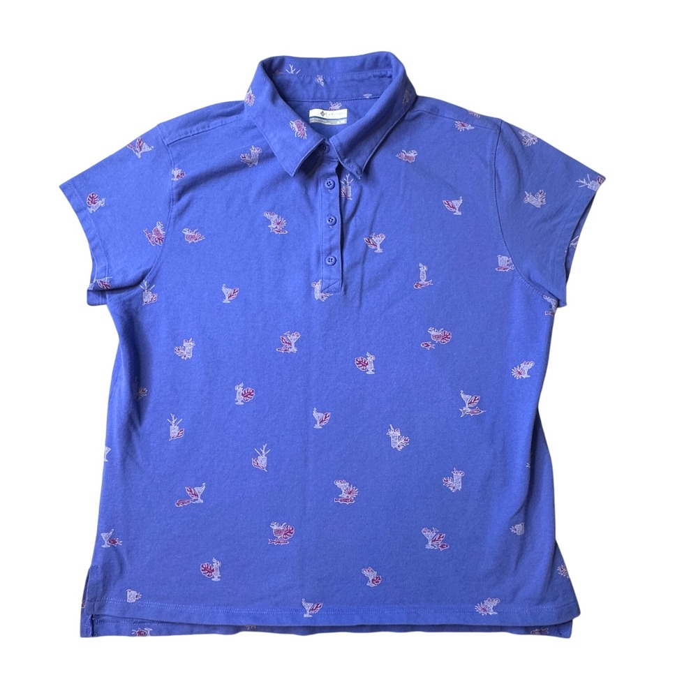Columbia Polo Shirt Womens XL Blue PFG Performance Fishing Gear Tropical Print